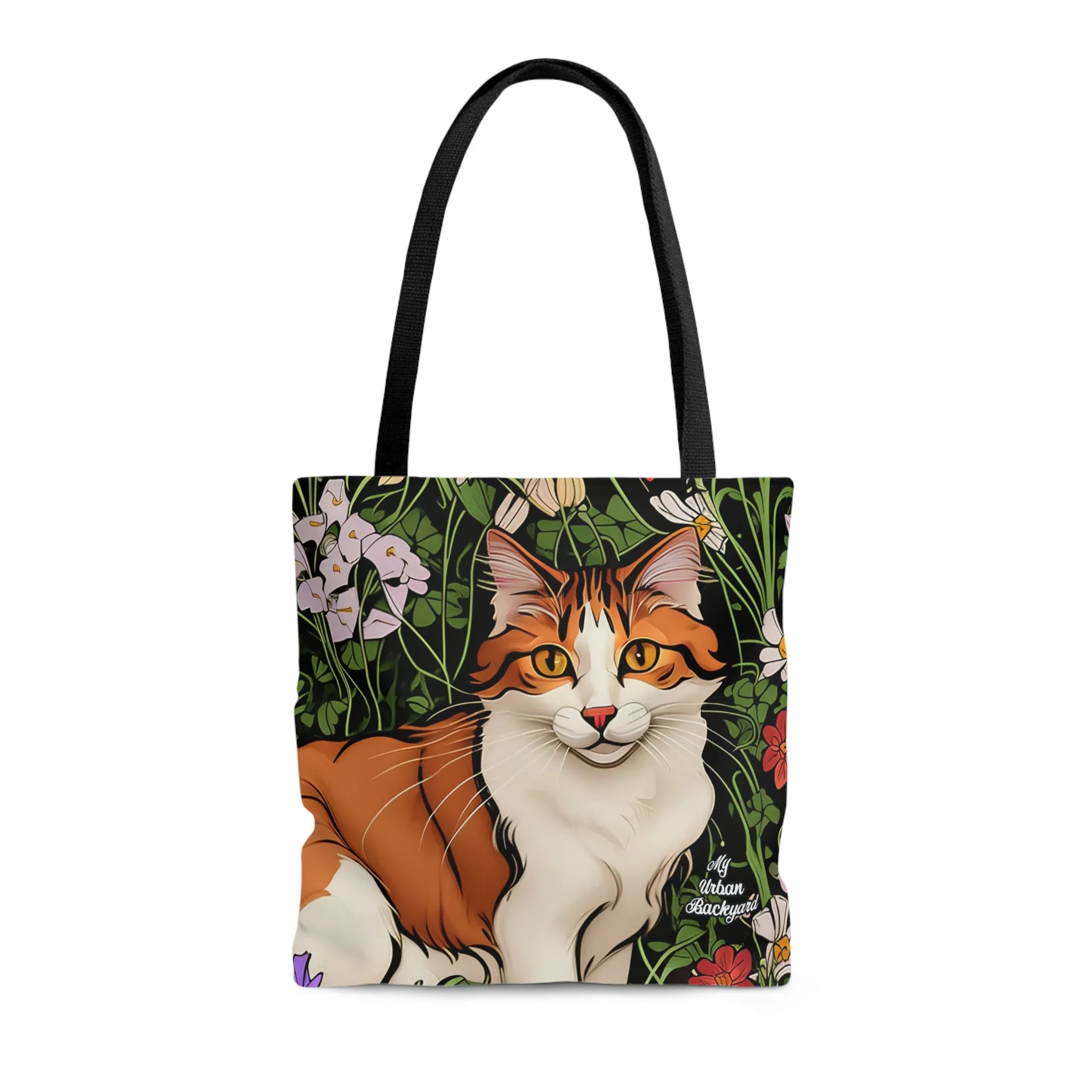 Orange Cat with Flowers, Tote Bag for Everyday Use - Durable and Functional