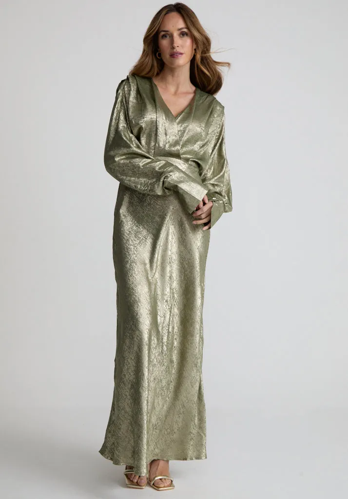 Paloma Metallic V-Neck Maxi Dress In Khaki