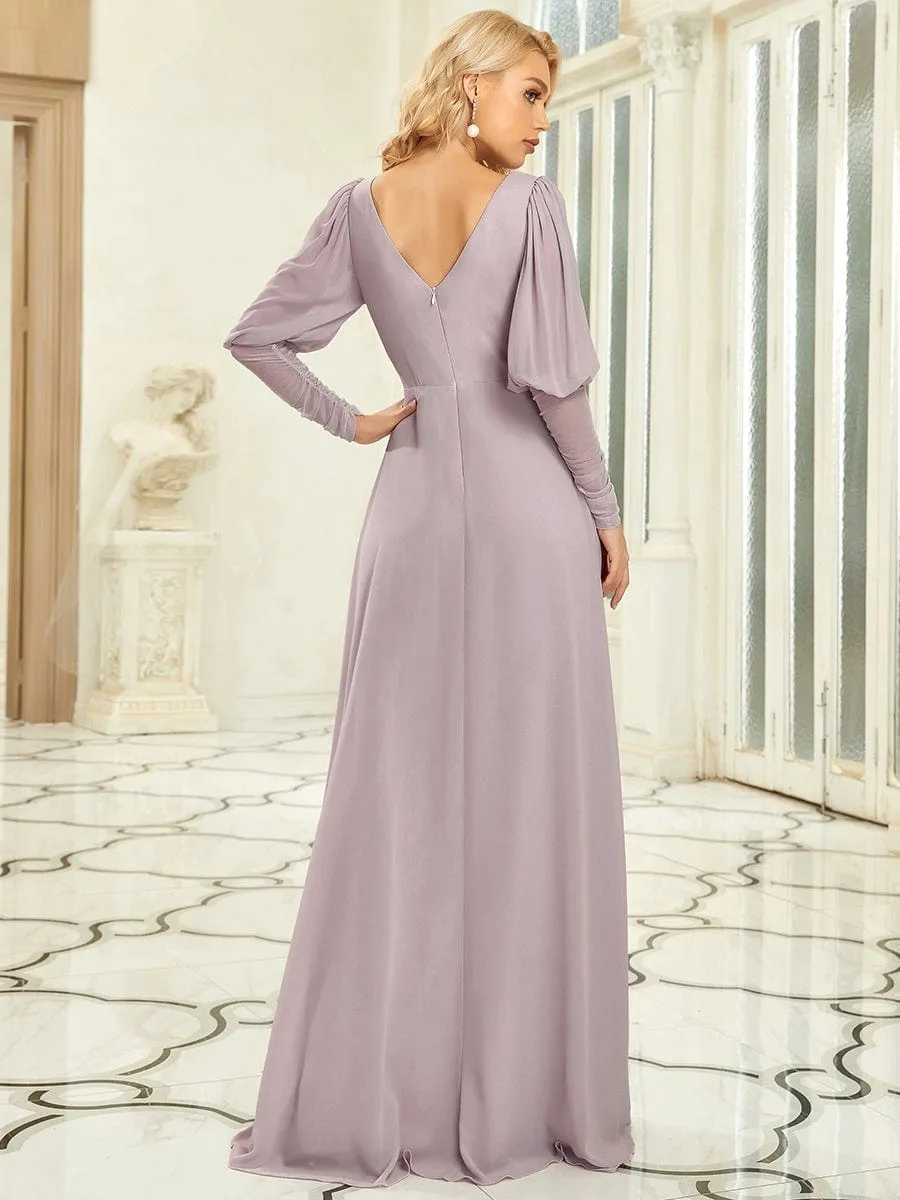 Puffed Sleeve Leg-O-Mutton Vintage Belted Chiffon Evening Dress