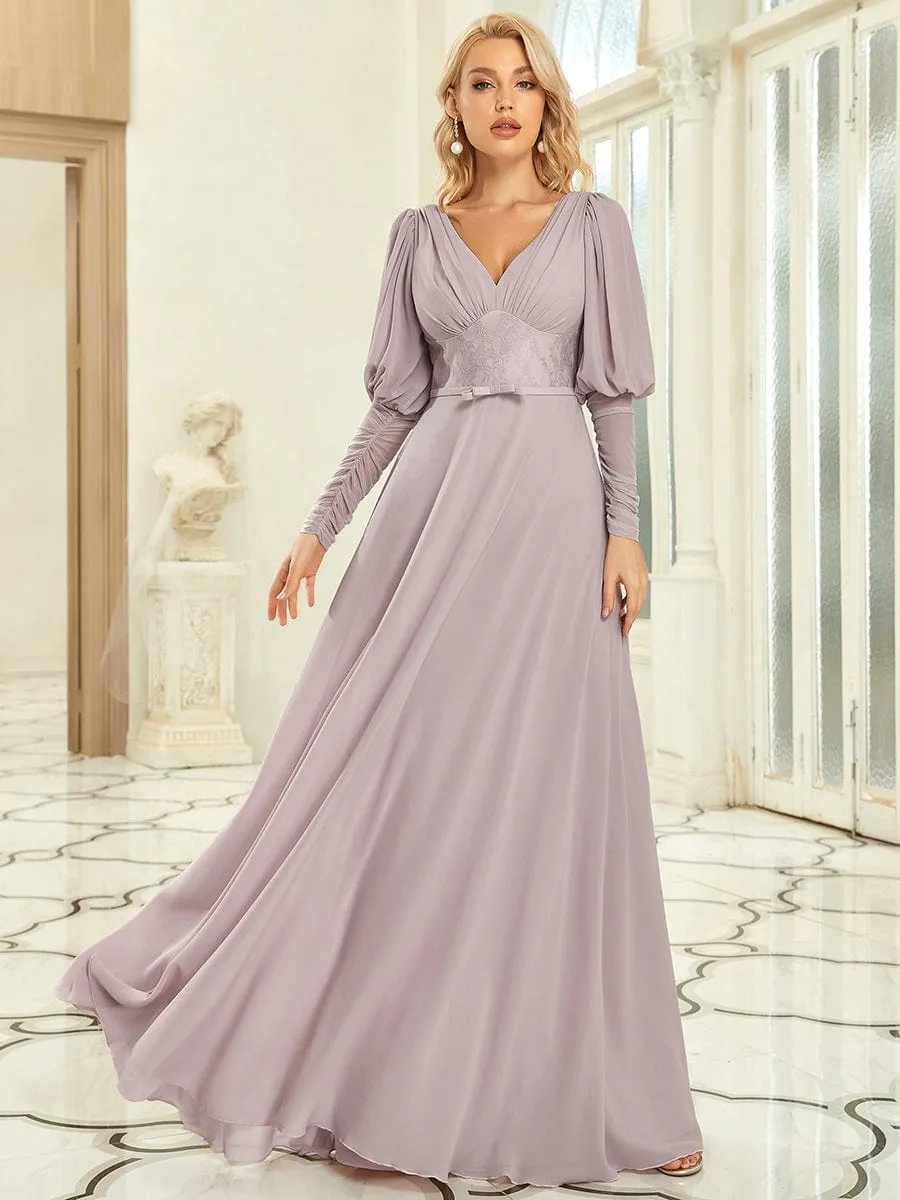 Puffed Sleeve Leg-O-Mutton Vintage Belted Chiffon Evening Dress