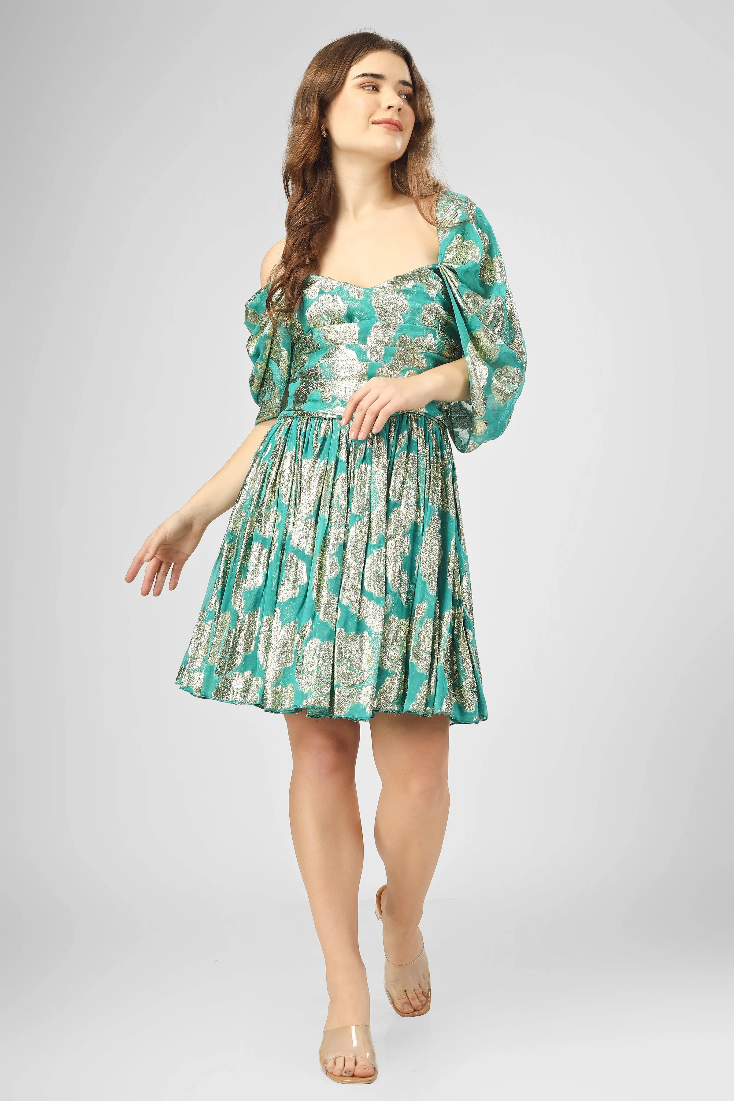 Sydney Metallic Printed Mini Dress in Aqua Green