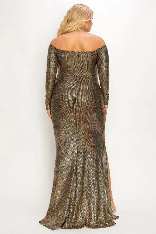 Voluptuous ( ) Plus Long Sleeve Off Shoulder Sequin Fabric (metallic) Party Maxi Dress - 2 colors