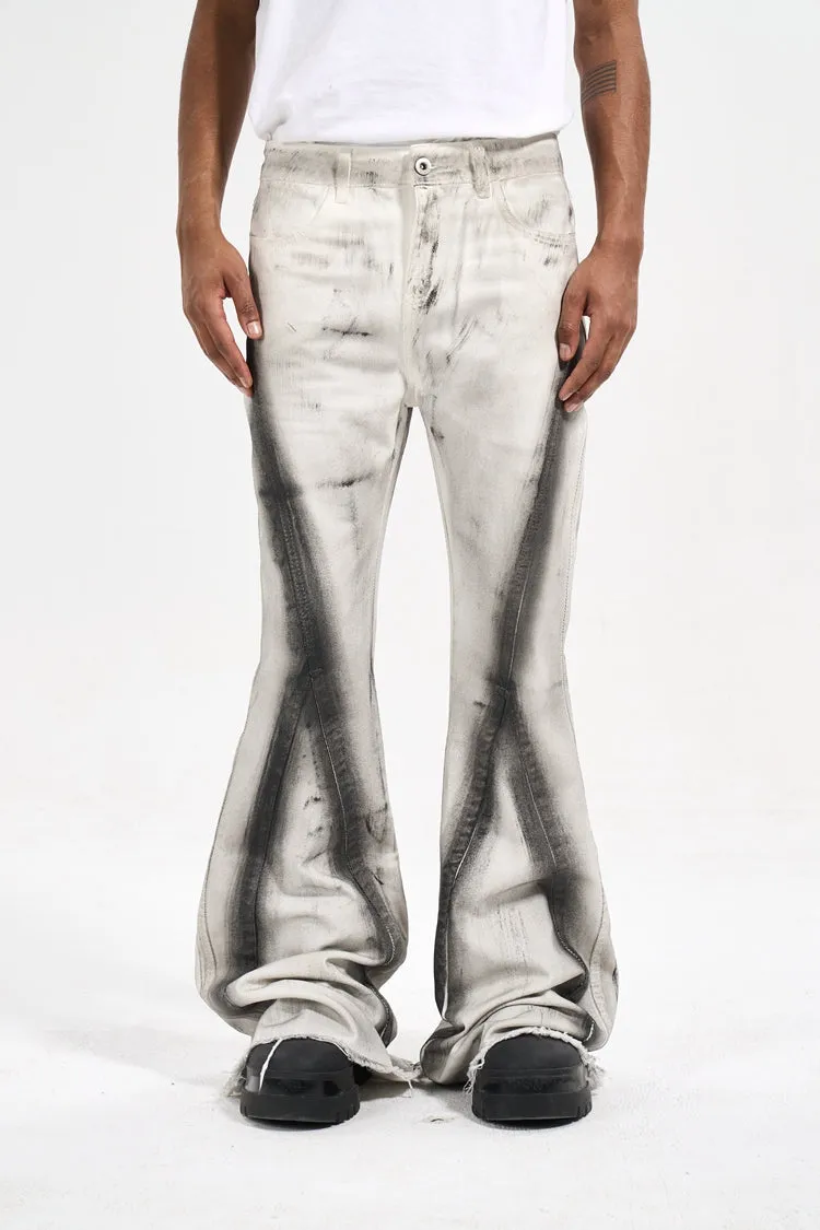 Wide-Fit Flared Raw Edge Graffiti Denim Jean Pants